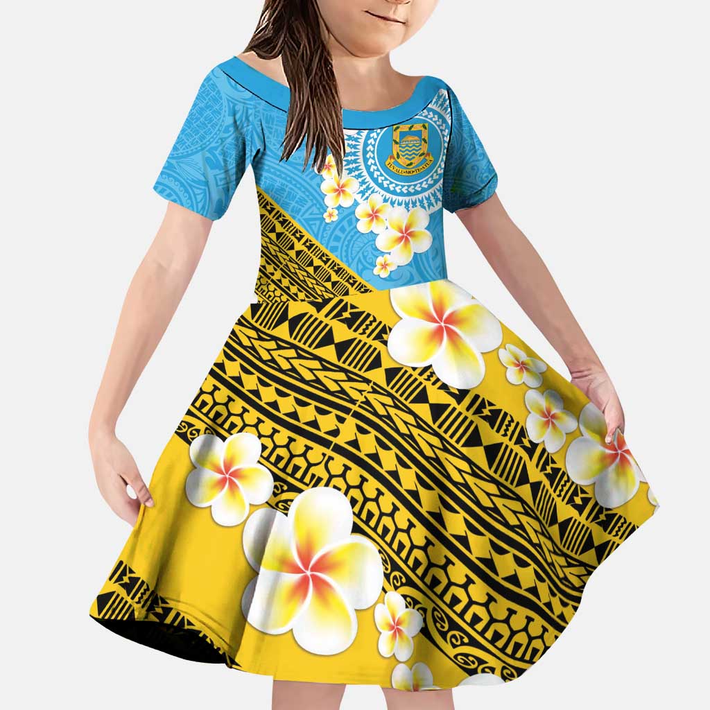 Tuvalu Plumeria Flowers Family Matching Puletasi and Hawaiian Shirt Polynesian Tribal Pattern LT9 Daughter's Dress Blue - Polynesian Pride
