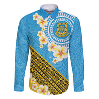 Tuvalu Plumeria Flowers Family Matching Puletasi and Hawaiian Shirt Polynesian Tribal Pattern LT9 Dad's Shirt - Long Sleeve Blue - Polynesian Pride