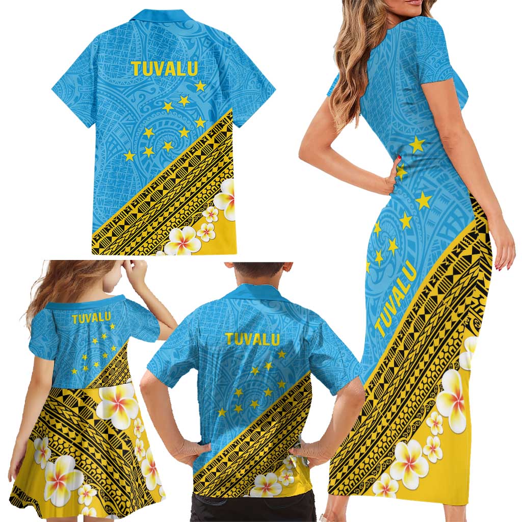 Tuvalu Plumeria Flowers Family Matching Short Sleeve Bodycon Dress and Hawaiian Shirt Polynesian Tribal Pattern LT9 - Polynesian Pride