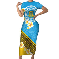 Tuvalu Plumeria Flowers Family Matching Short Sleeve Bodycon Dress and Hawaiian Shirt Polynesian Tribal Pattern LT9 Mom's Dress Blue - Polynesian Pride