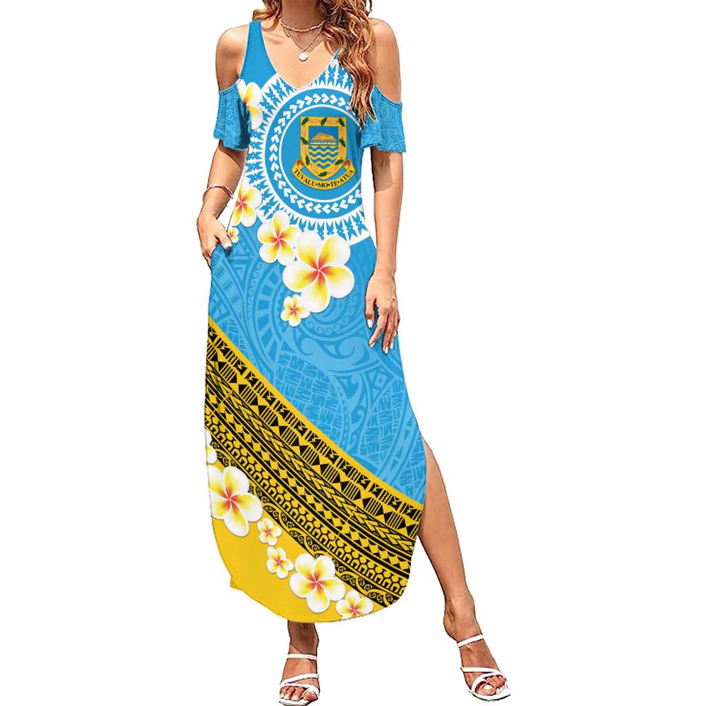 Tuvalu Plumeria Flowers Family Matching Summer Maxi Dress and Hawaiian Shirt Polynesian Tribal Pattern LT9 Mom's Dress Blue - Polynesian Pride
