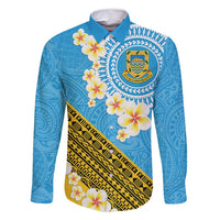 Tuvalu Plumeria Flowers Family Matching Tank Maxi Dress and Hawaiian Shirt Polynesian Tribal Pattern LT9 Dad's Shirt - Long Sleeve Blue - Polynesian Pride
