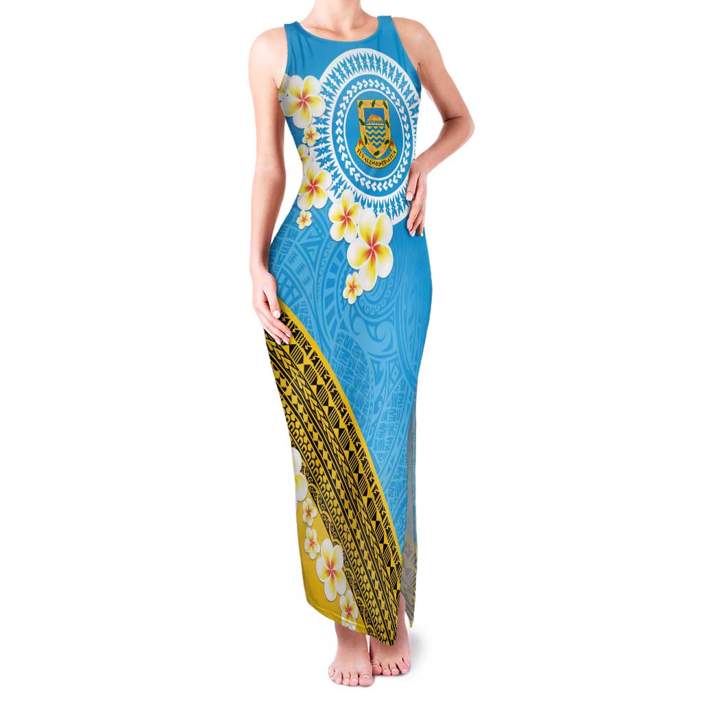 Tuvalu Plumeria Flowers Family Matching Tank Maxi Dress and Hawaiian Shirt Polynesian Tribal Pattern LT9 Mom's Dress Blue - Polynesian Pride