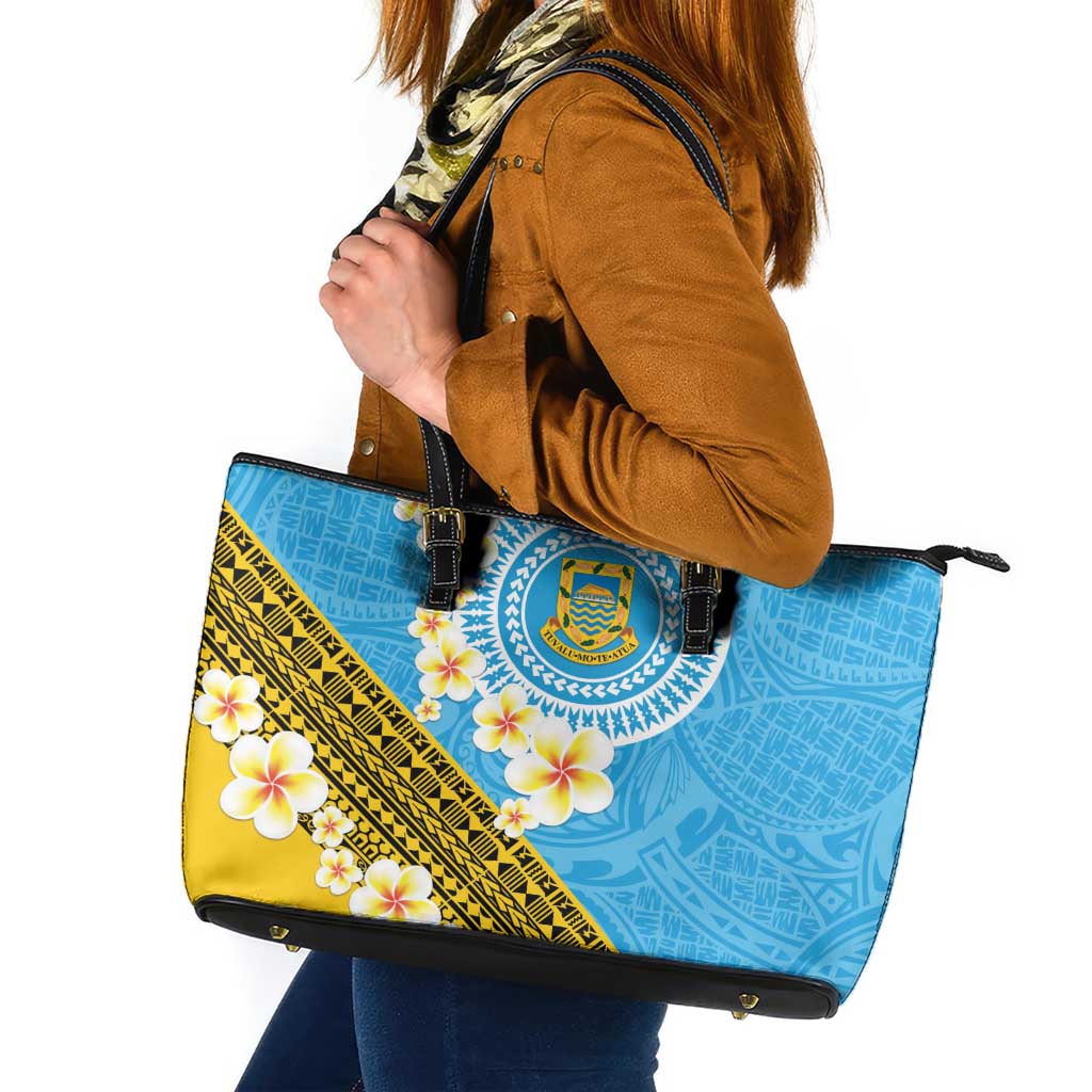 Tuvalu Plumeria Flowers Leather Tote Bag Polynesian Tribal Pattern LT9 Blue - Polynesian Pride