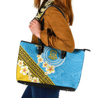 Tuvalu Plumeria Flowers Leather Tote Bag Polynesian Tribal Pattern LT9 Blue - Polynesian Pride