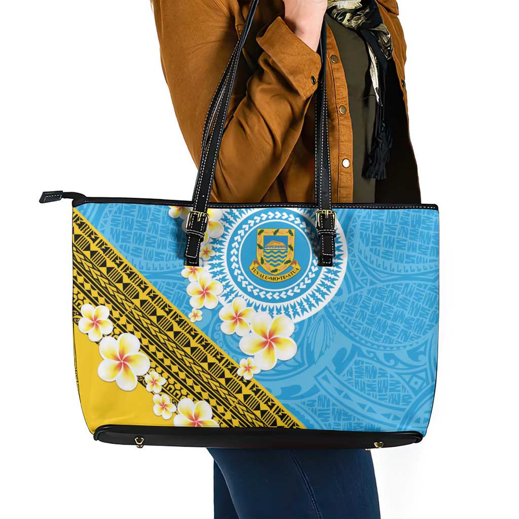 Tuvalu Plumeria Flowers Leather Tote Bag Polynesian Tribal Pattern LT9 - Polynesian Pride