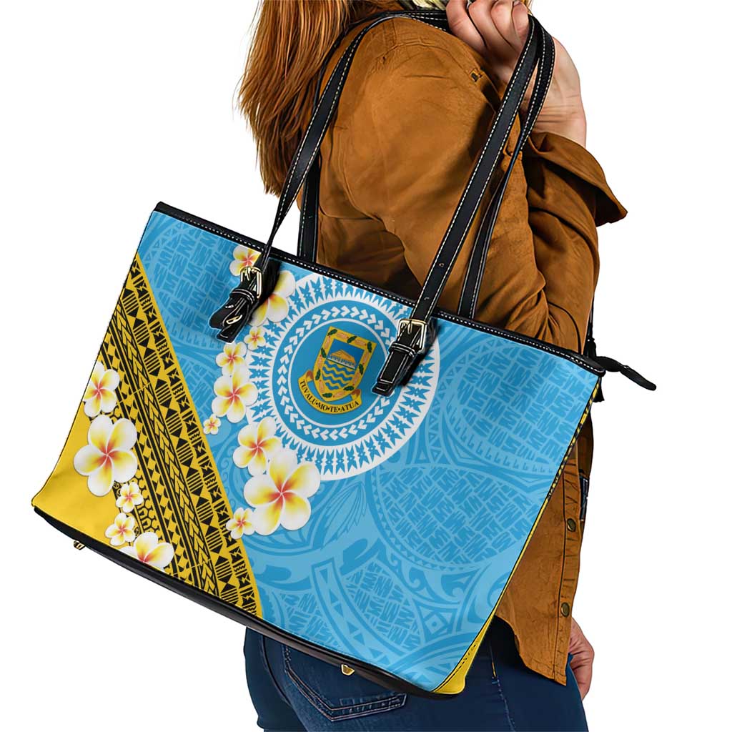 Tuvalu Plumeria Flowers Leather Tote Bag Polynesian Tribal Pattern LT9 - Polynesian Pride