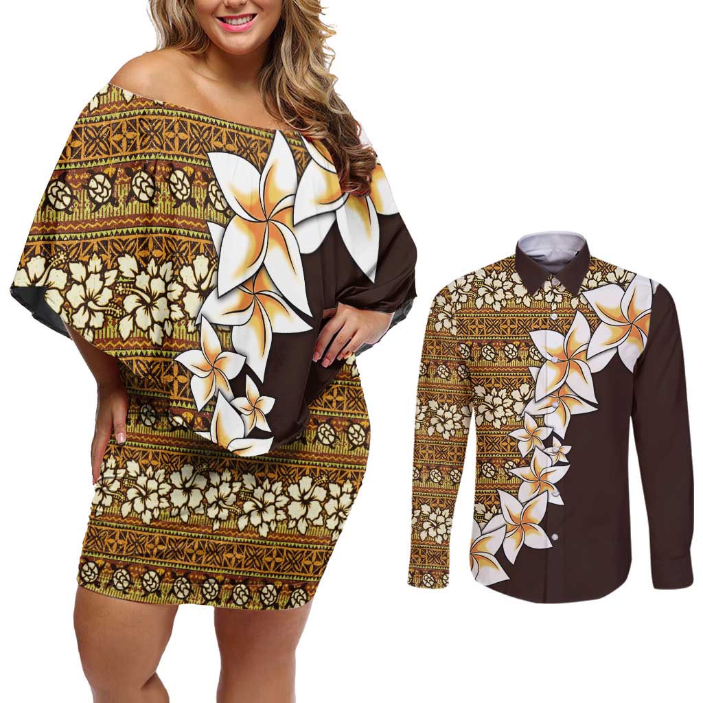 Vintage Hibiscus Turtle Pattern Couples Matching Off Shoulder Short Dress and Long Sleeve Button Shirt with Plumeria Half Style LT9 Gold - Polynesian Pride