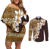 Vintage Hibiscus Turtle Pattern Couples Matching Off Shoulder Short Dress and Long Sleeve Button Shirt with Plumeria Half Style LT9 Gold - Polynesian Pride