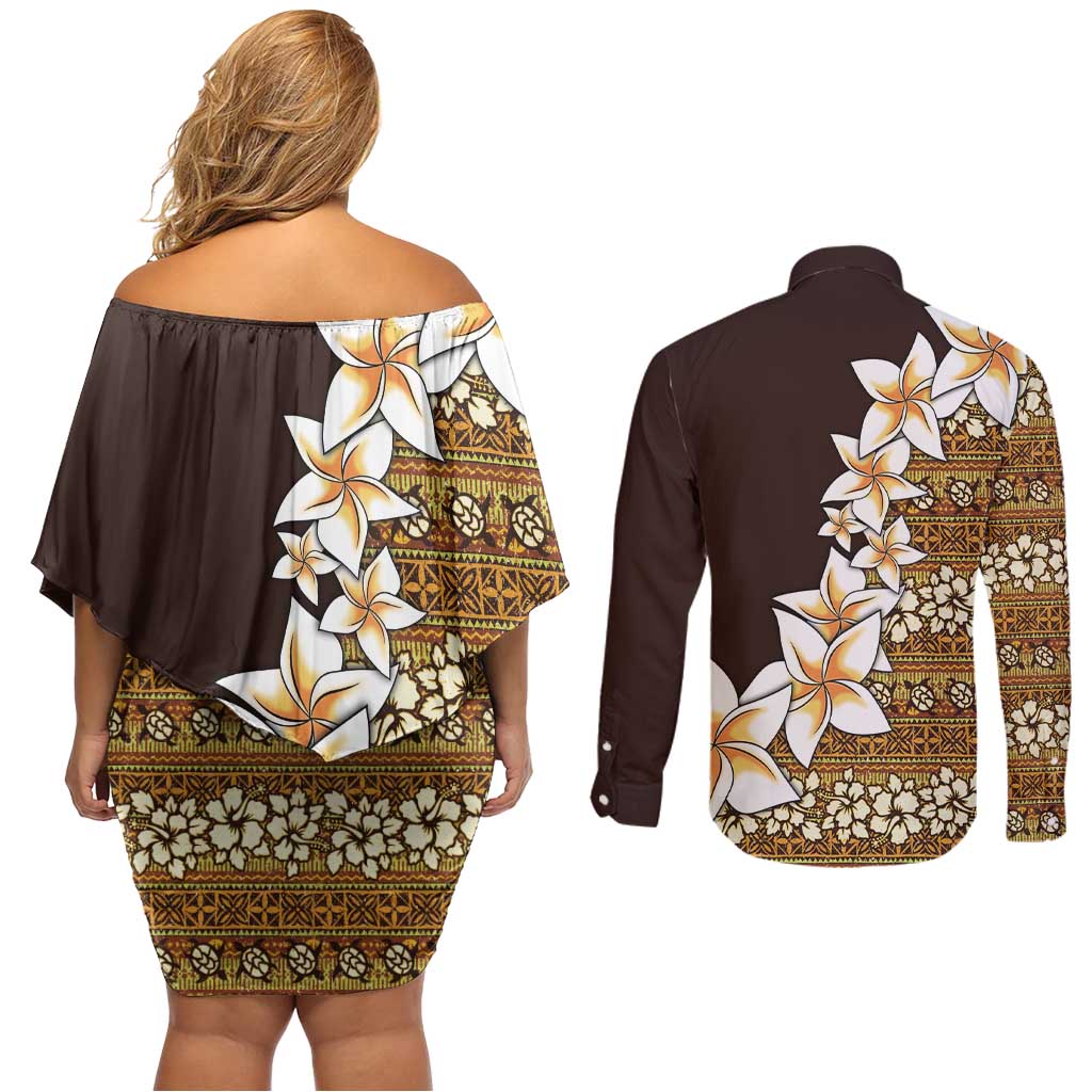 Vintage Hibiscus Turtle Pattern Couples Matching Off Shoulder Short Dress and Long Sleeve Button Shirt with Plumeria Half Style LT9 - Polynesian Pride
