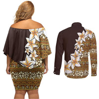 Vintage Hibiscus Turtle Pattern Couples Matching Off Shoulder Short Dress and Long Sleeve Button Shirt with Plumeria Half Style LT9 - Polynesian Pride