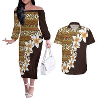 Vintage Hibiscus Turtle Pattern Couples Matching Off The Shoulder Long Sleeve Dress and Hawaiian Shirt with Plumeria Half Style LT9 Gold - Polynesian Pride