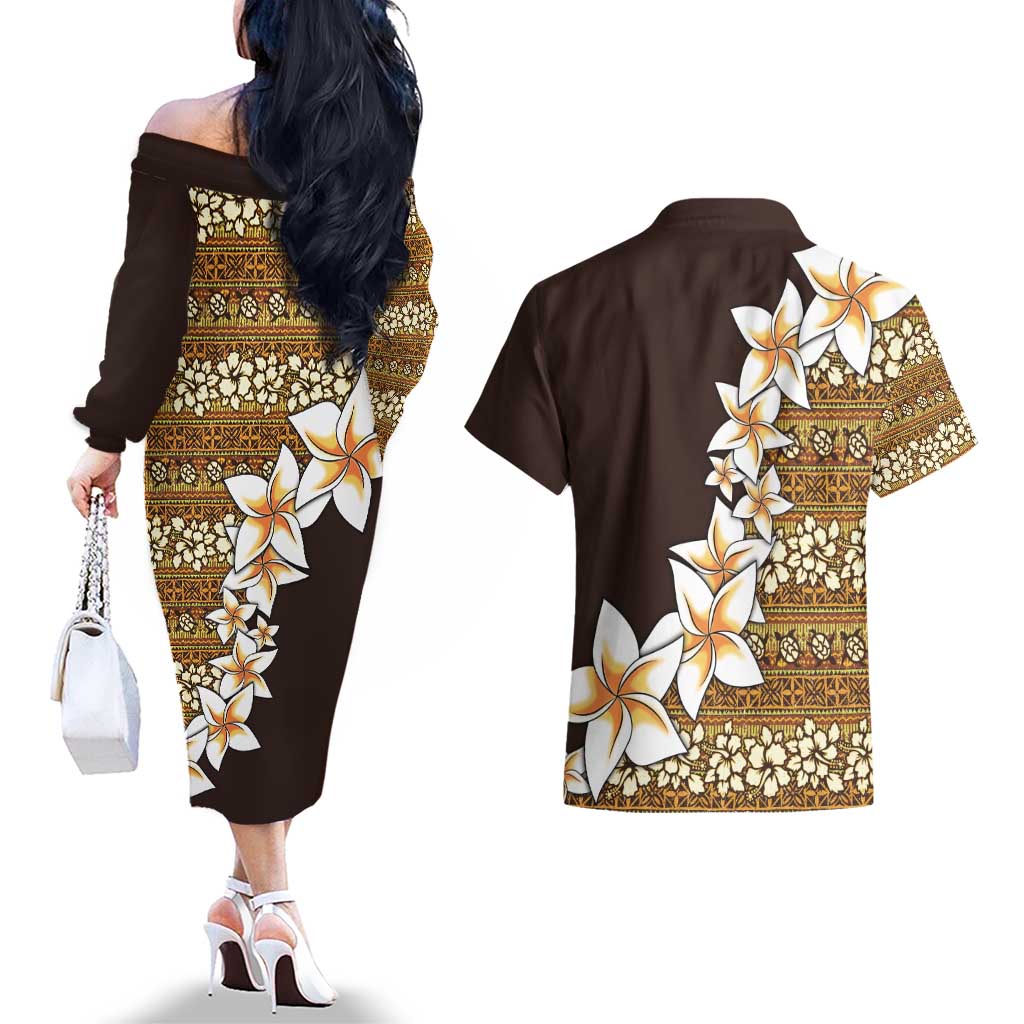 Vintage Hibiscus Turtle Pattern Couples Matching Off The Shoulder Long Sleeve Dress and Hawaiian Shirt with Plumeria Half Style LT9 - Polynesian Pride