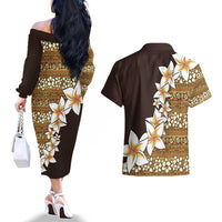 Vintage Hibiscus Turtle Pattern Couples Matching Off The Shoulder Long Sleeve Dress and Hawaiian Shirt with Plumeria Half Style LT9 - Polynesian Pride