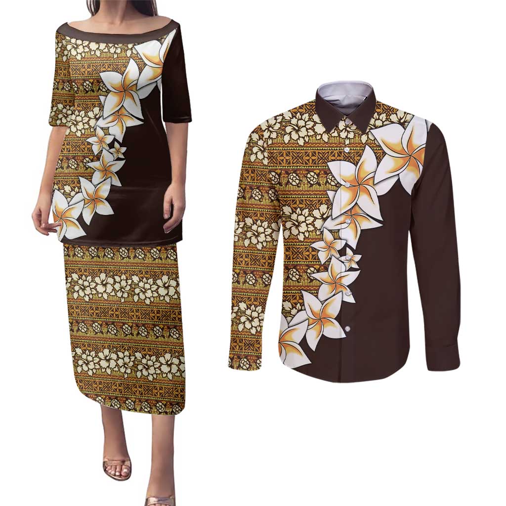 Vintage Hibiscus Turtle Pattern Couples Matching Puletasi and Long Sleeve Button Shirt with Plumeria Half Style LT9 Gold - Polynesian Pride