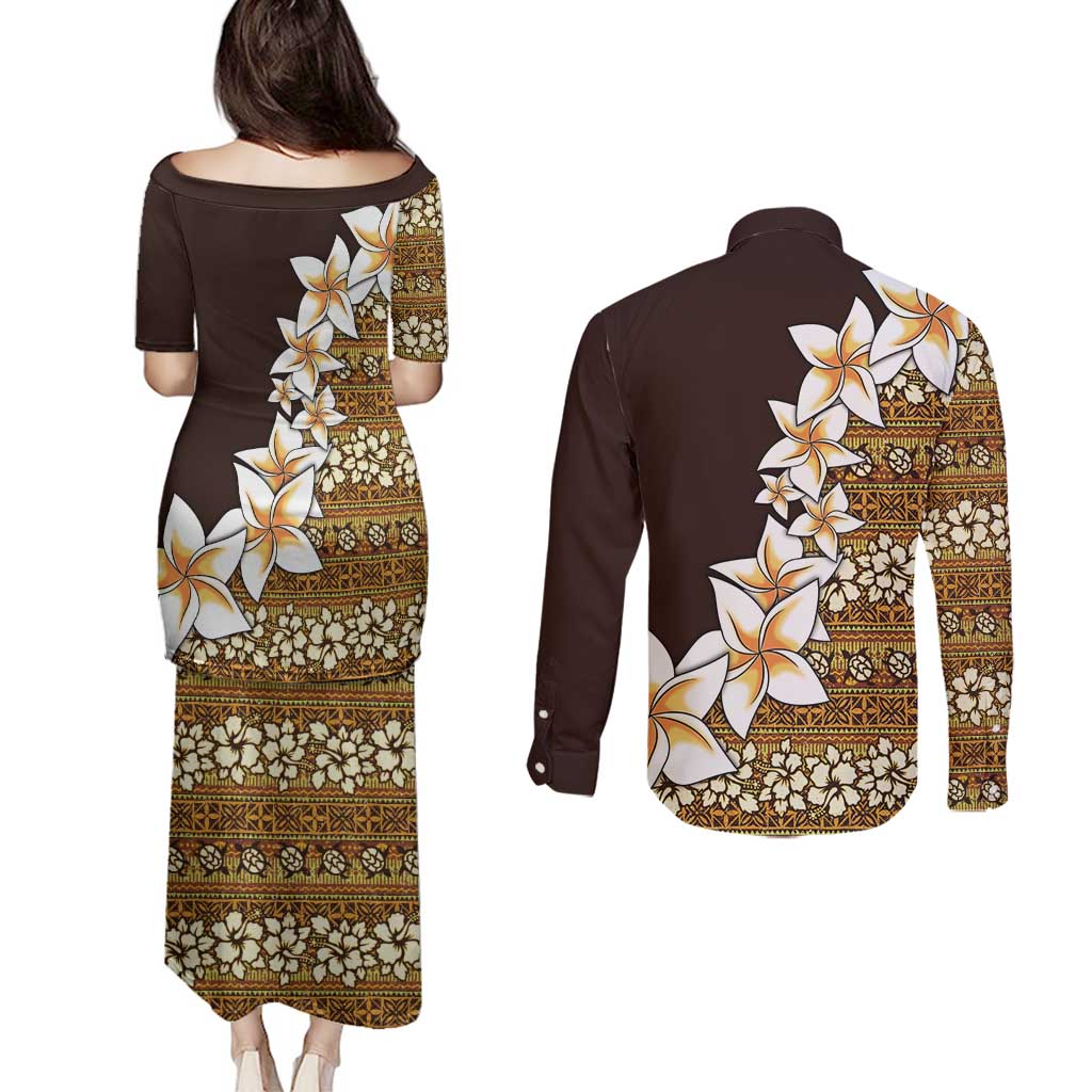 Vintage Hibiscus Turtle Pattern Couples Matching Puletasi and Long Sleeve Button Shirt with Plumeria Half Style LT9 - Polynesian Pride