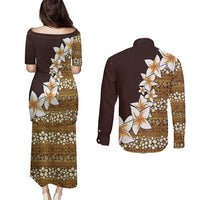 Vintage Hibiscus Turtle Pattern Couples Matching Puletasi and Long Sleeve Button Shirt with Plumeria Half Style LT9 - Polynesian Pride