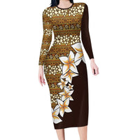 Vintage Hibiscus Turtle Pattern Family Matching Long Sleeve Bodycon Dress and Hawaiian Shirt with Plumeria Half Style LT9 Mom's Dress Gold - Polynesian Pride