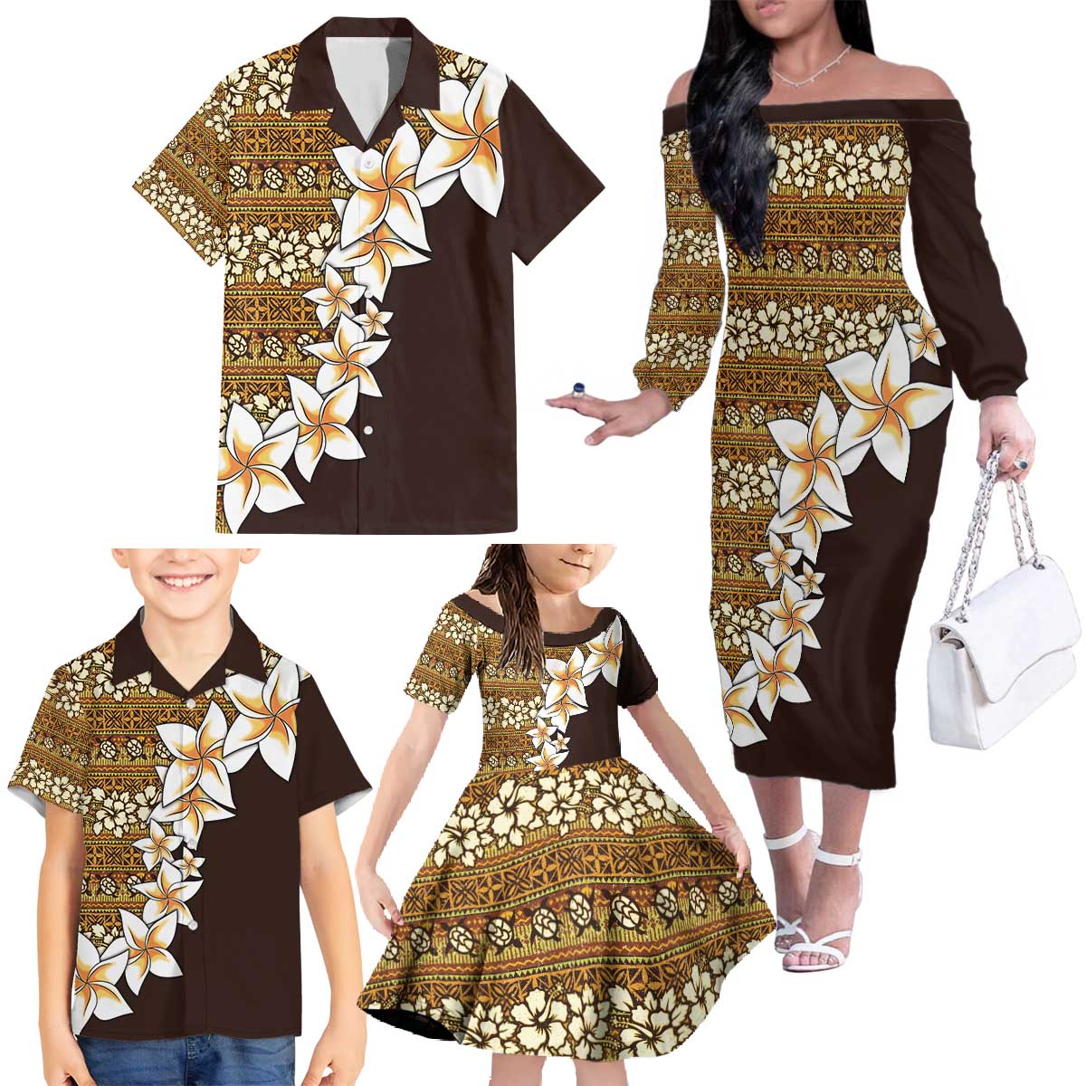 Vintage Hibiscus Turtle Pattern Family Matching Off The Shoulder Long Sleeve Dress and Hawaiian Shirt with Plumeria Half Style LT9 - Polynesian Pride
