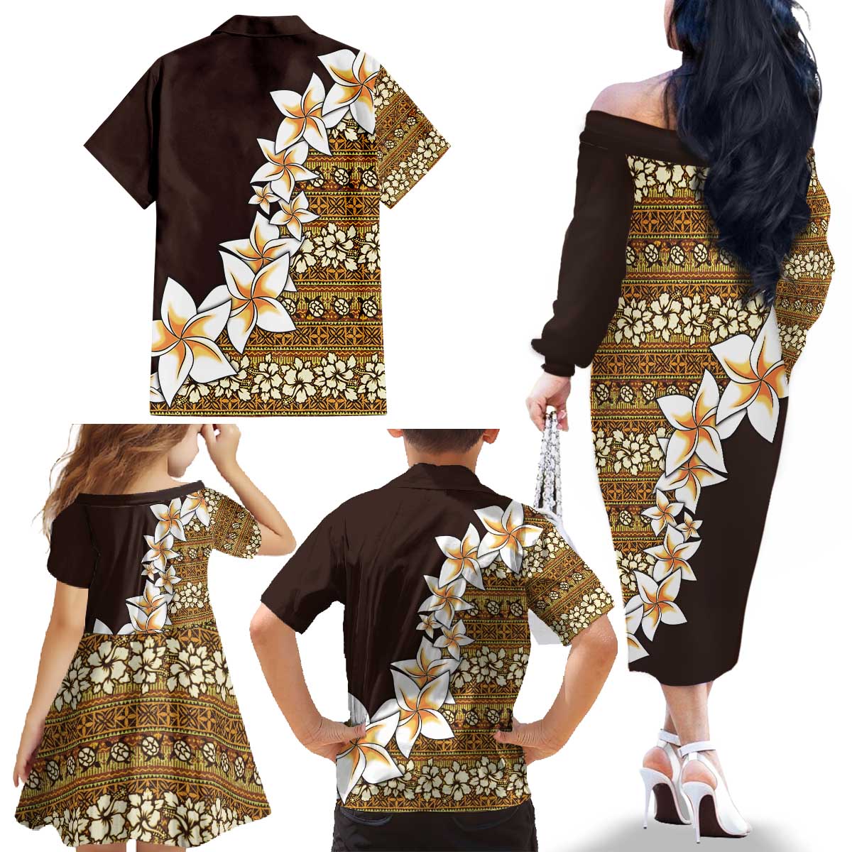 Vintage Hibiscus Turtle Pattern Family Matching Off The Shoulder Long Sleeve Dress and Hawaiian Shirt with Plumeria Half Style LT9 - Polynesian Pride