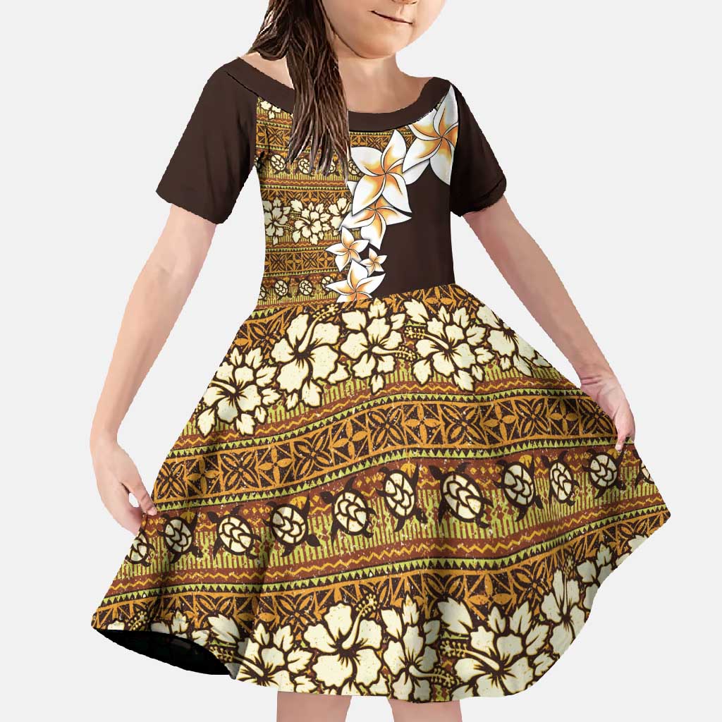 Vintage Hibiscus Turtle Pattern Family Matching Off Shoulder Maxi Dress and Hawaiian Shirt with Plumeria Half Style LT9 Daughter's Dress Gold - Polynesian Pride