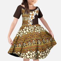 Vintage Hibiscus Turtle Pattern Family Matching Off Shoulder Maxi Dress and Hawaiian Shirt with Plumeria Half Style LT9 Daughter's Dress Gold - Polynesian Pride