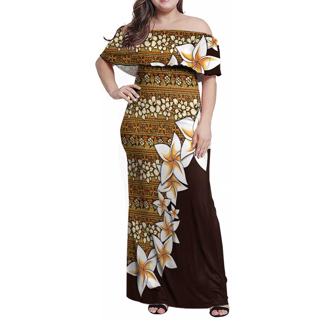Vintage Hibiscus Turtle Pattern Family Matching Off Shoulder Maxi Dress and Hawaiian Shirt with Plumeria Half Style LT9 Mom's Dress Gold - Polynesian Pride