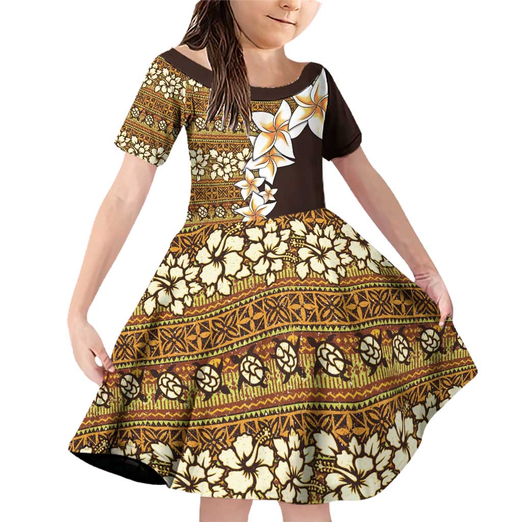 Vintage Hibiscus Turtle Pattern Family Matching Off Shoulder Short Dress and Hawaiian Shirt with Plumeria Half Style LT9 Daughter's Dress Gold - Polynesian Pride