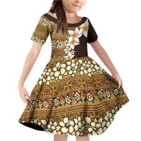 Vintage Hibiscus Turtle Pattern Family Matching Off Shoulder Short Dress and Hawaiian Shirt with Plumeria Half Style LT9 Daughter's Dress Gold - Polynesian Pride