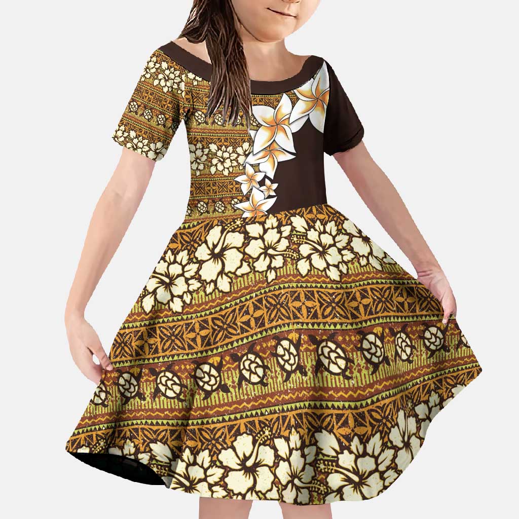 Vintage Hibiscus Turtle Pattern Family Matching Summer Maxi Dress and Hawaiian Shirt with Plumeria Half Style LT9 Daughter's Dress Gold - Polynesian Pride
