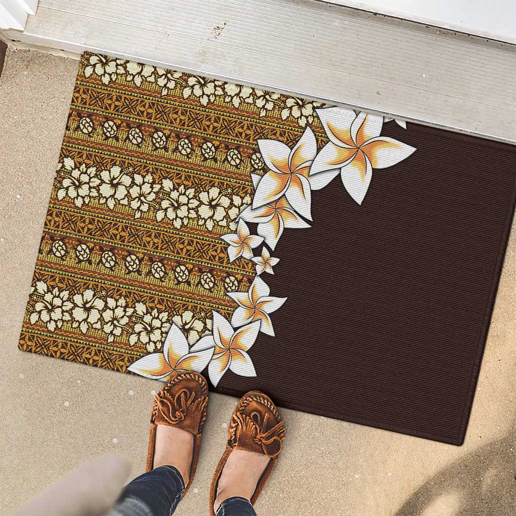 Vintage Hibiscus Turtle Pattern Rubber Doormat with Plumeria Half Style