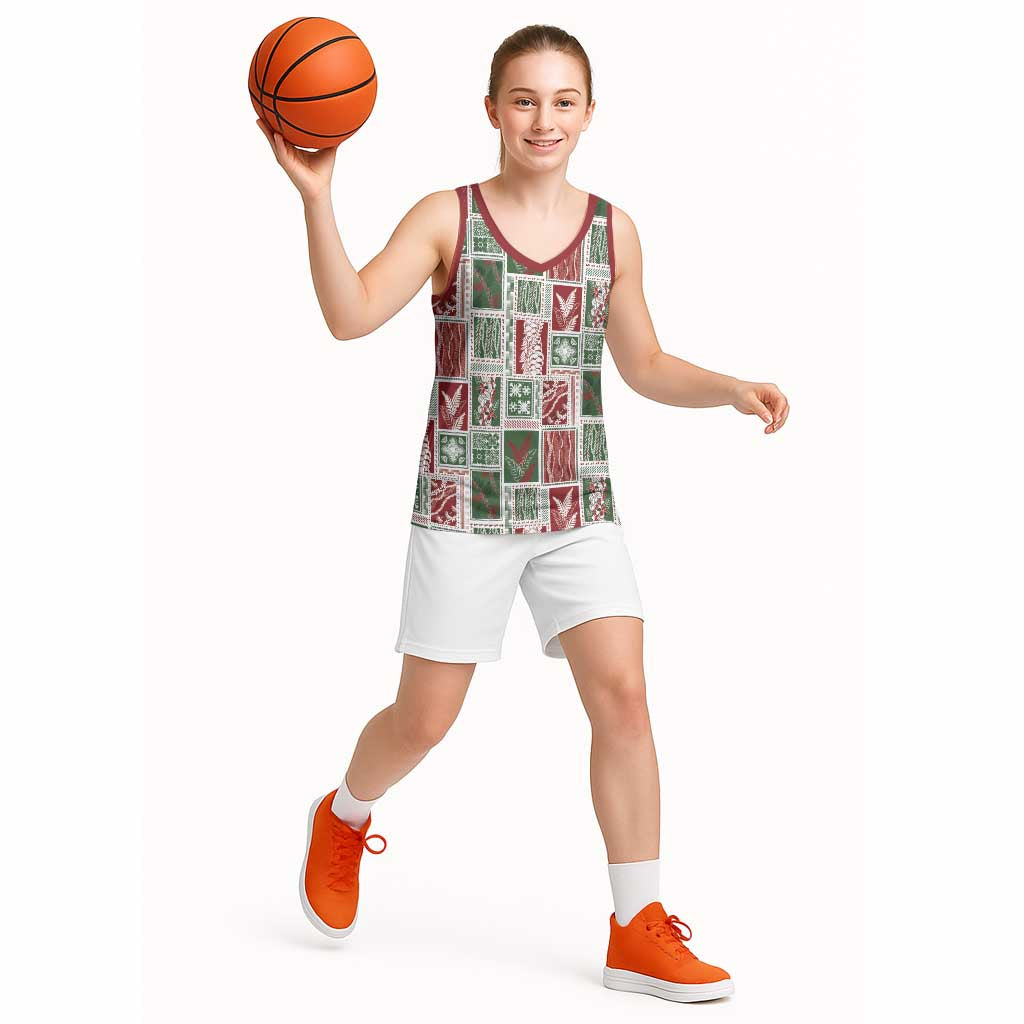 Mele Kalikimaka Hawaiian Quilt and Lei Patchwork Basketball Jersey - Polynesian Pride