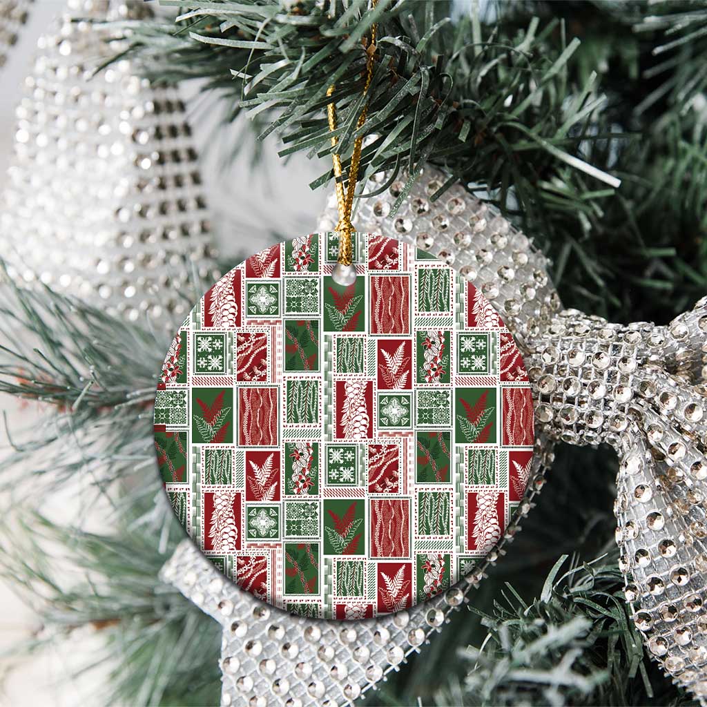 Mele Kalikimaka Hawaiian Quilt and Lei Patchwork Ceramic Ornament - Polynesian Pride