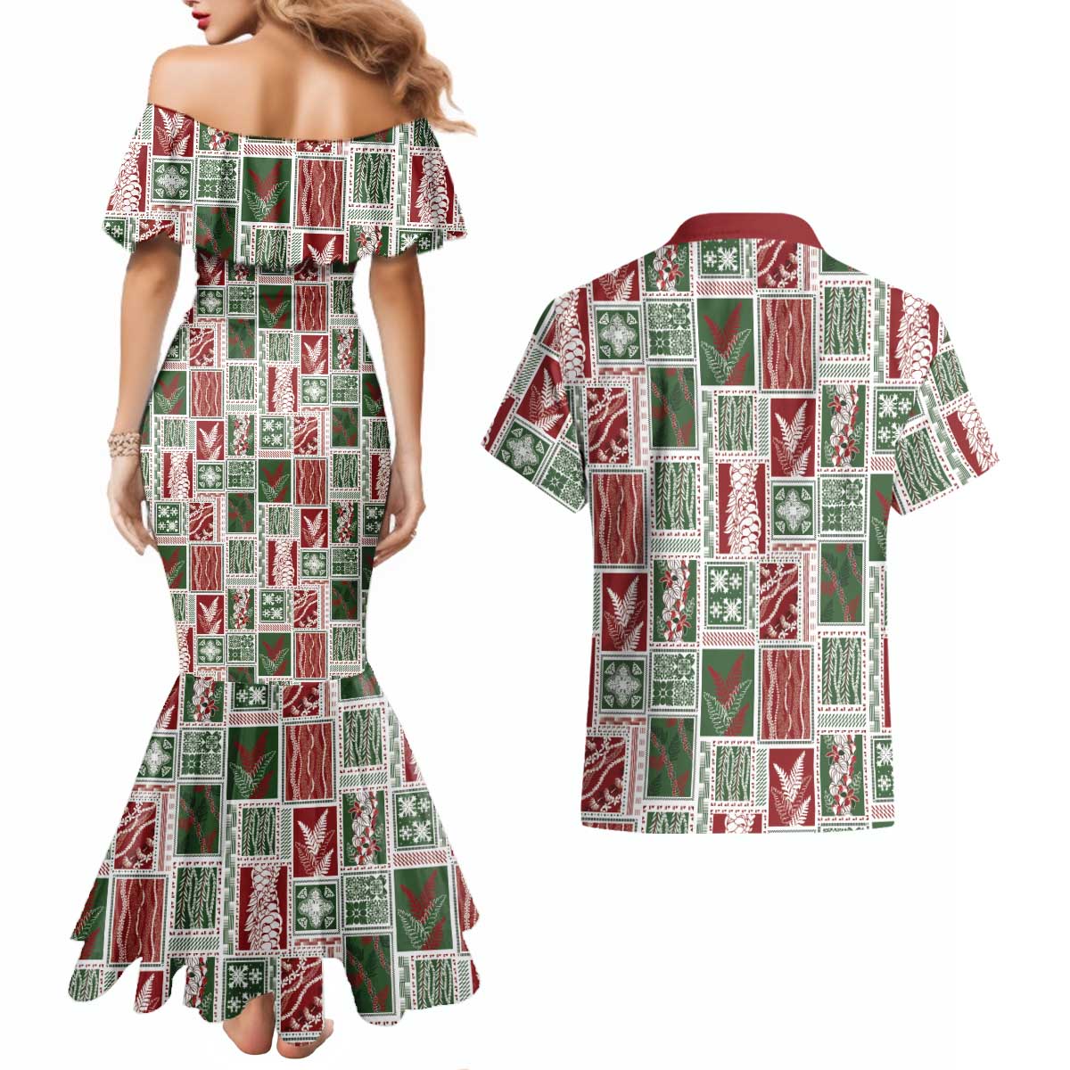 Mele Kalikimaka Hawaiian Quilt and Lei Patchwork Couples Matching Mermaid Dress and Hawaiian Shirt LT9 - Polynesian Pride