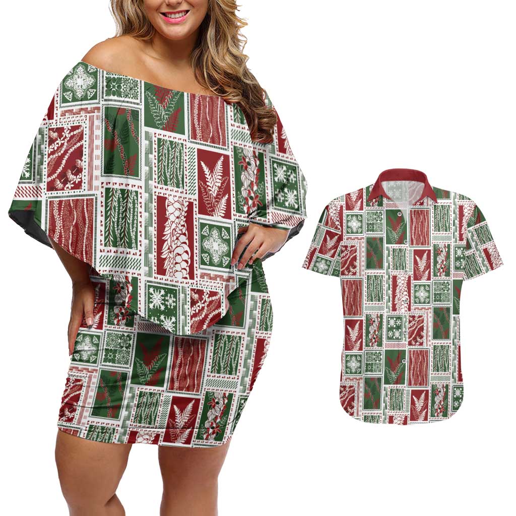 Mele Kalikimaka Hawaiian Quilt and Lei Patchwork Couples Matching Off Shoulder Short Dress and Hawaiian Shirt - Polynesian Pride