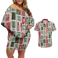 Mele Kalikimaka Hawaiian Quilt and Lei Patchwork Couples Matching Off Shoulder Short Dress and Hawaiian Shirt - Polynesian Pride
