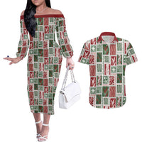 Mele Kalikimaka Hawaiian Quilt and Lei Patchwork Couples Matching Off The Shoulder Long Sleeve Dress and Hawaiian Shirt LT9 Red - Polynesian Pride