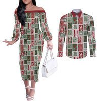 Mele Kalikimaka Hawaiian Quilt and Lei Patchwork Couples Matching Off The Shoulder Long Sleeve Dress and Long Sleeve Button Shirt LT9 Red - Polynesian Pride