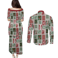 Mele Kalikimaka Hawaiian Quilt and Lei Patchwork Couples Matching Puletasi and Long Sleeve Button Shirt - Polynesian Pride