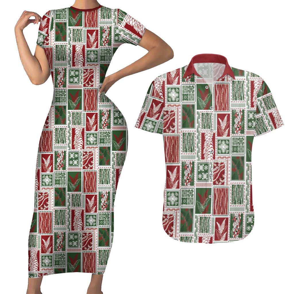 Mele Kalikimaka Hawaiian Quilt and Lei Patchwork Couples Matching Short Sleeve Bodycon Dress and Hawaiian Shirt LT9 Red - Polynesian Pride