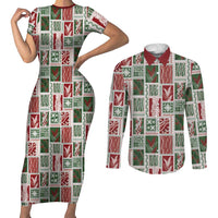 Mele Kalikimaka Hawaiian Quilt and Lei Patchwork Couples Matching Short Sleeve Bodycon Dress and Long Sleeve Button Shirt - Polynesian Pride