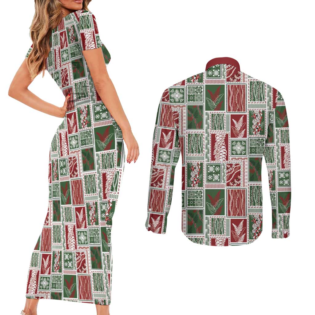 Mele Kalikimaka Hawaiian Quilt and Lei Patchwork Couples Matching Short Sleeve Bodycon Dress and Long Sleeve Button Shirt - Polynesian Pride