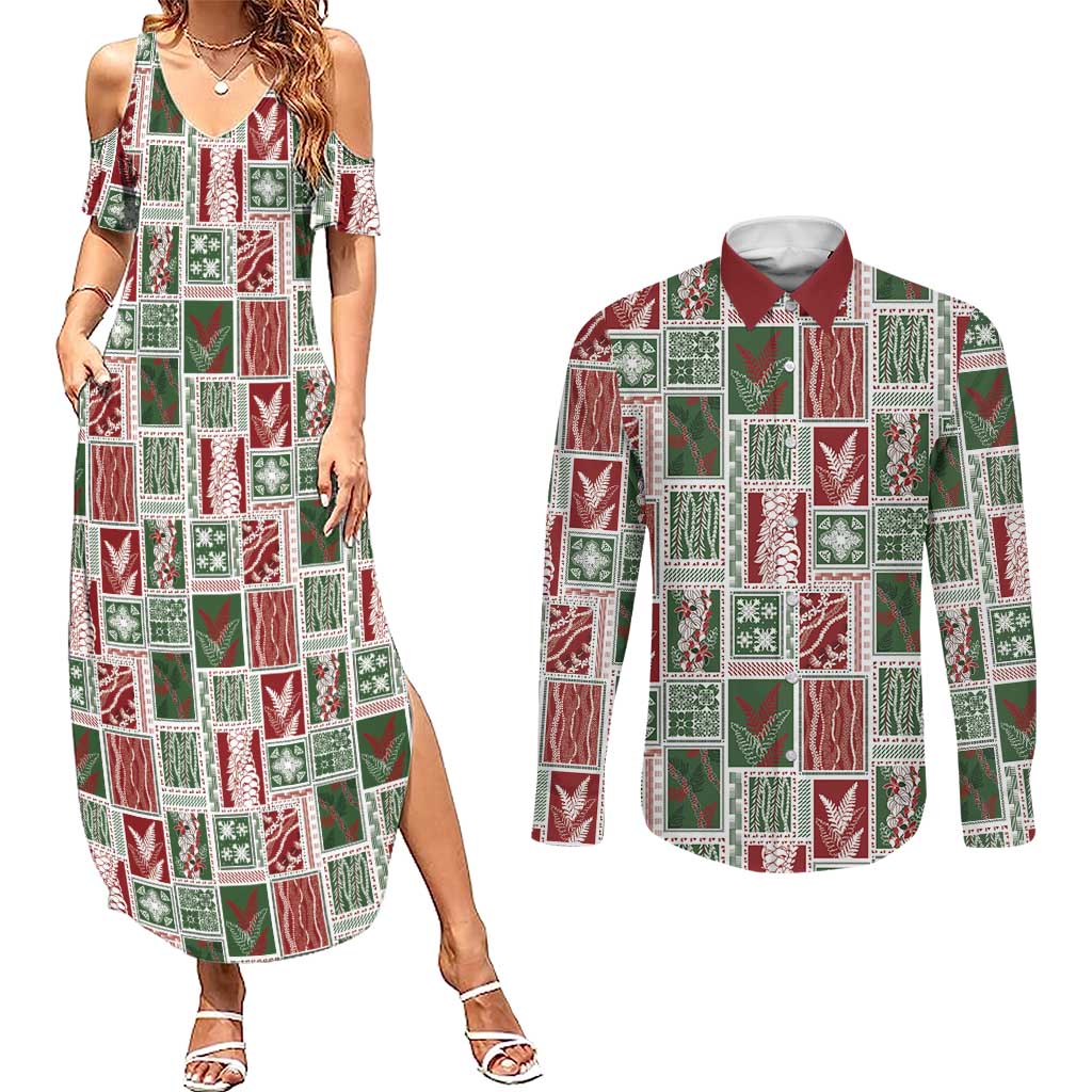 Mele Kalikimaka Hawaiian Quilt and Lei Patchwork Couples Matching Summer Maxi Dress and Long Sleeve Button Shirt - Polynesian Pride