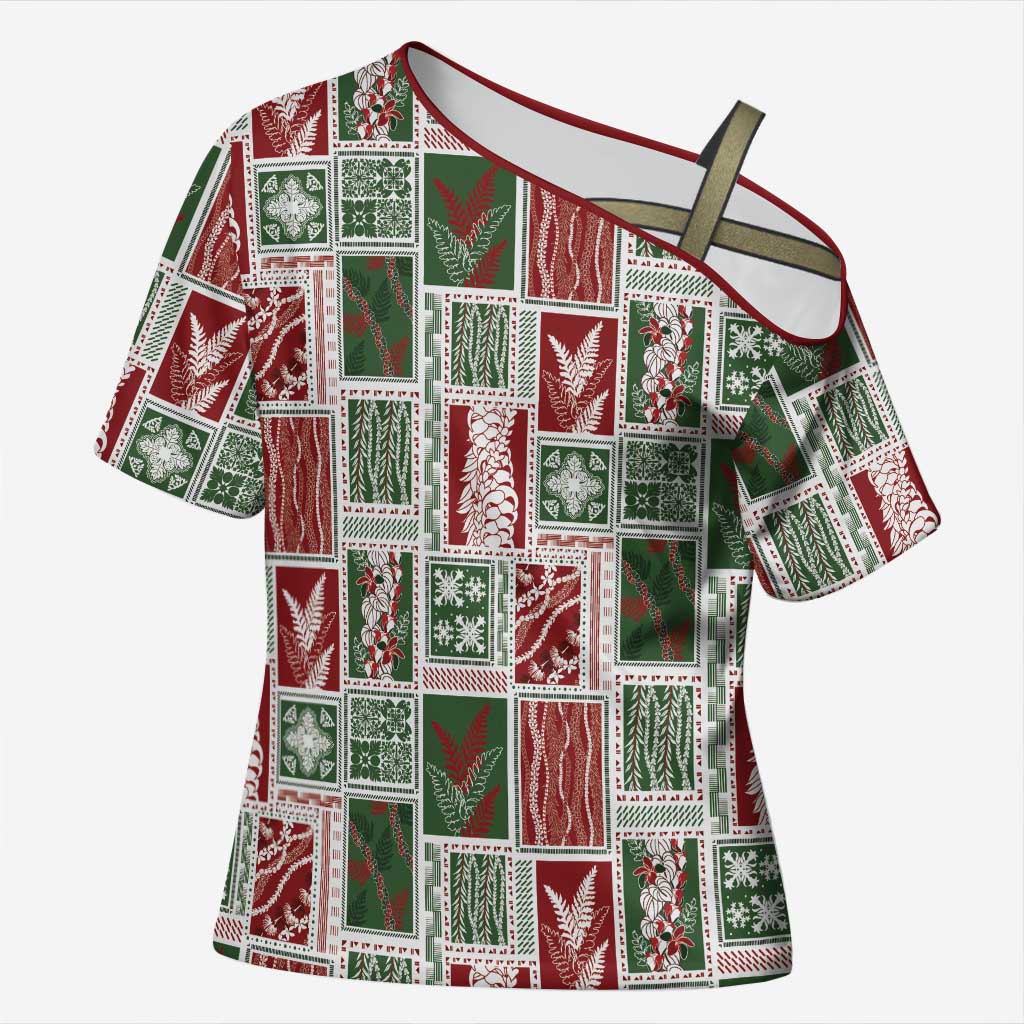 Mele Kalikimaka Hawaiian Quilt and Lei Patchwork Cross Shoulder Shirt - Polynesian Pride