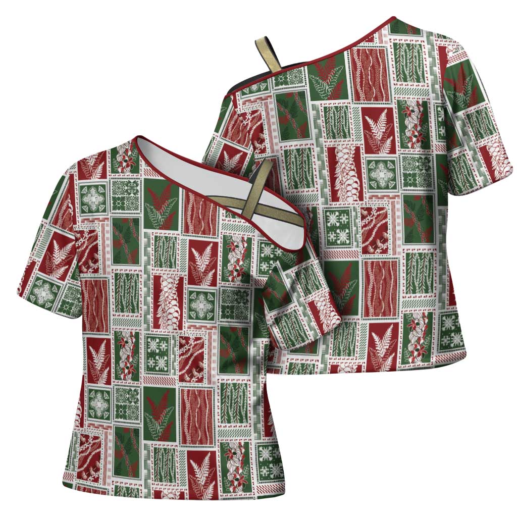 Mele Kalikimaka Hawaiian Quilt and Lei Patchwork Cross Shoulder Shirt - Polynesian Pride
