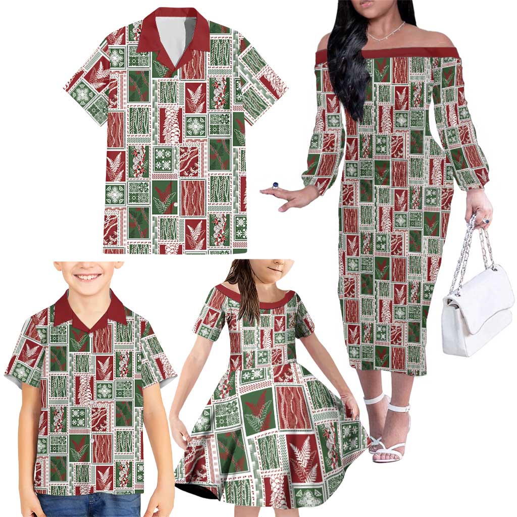 Mele Kalikimaka Hawaiian Quilt and Lei Patchwork Family Matching Off The Shoulder Long Sleeve Dress and Hawaiian Shirt LT9 - Polynesian Pride