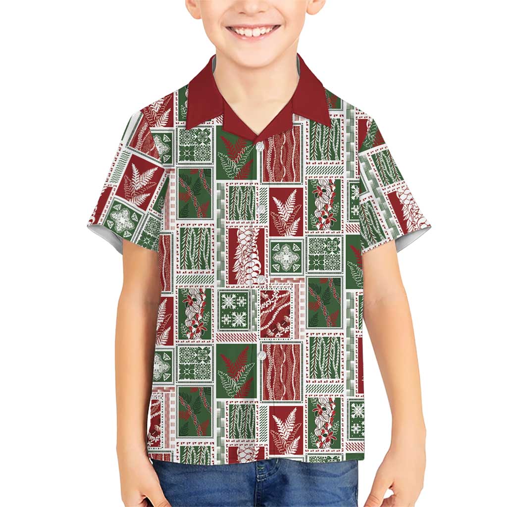 Mele Kalikimaka Hawaiian Quilt and Lei Patchwork Family Matching Off The Shoulder Long Sleeve Dress and Hawaiian Shirt LT9 Son's Shirt Red - Polynesian Pride