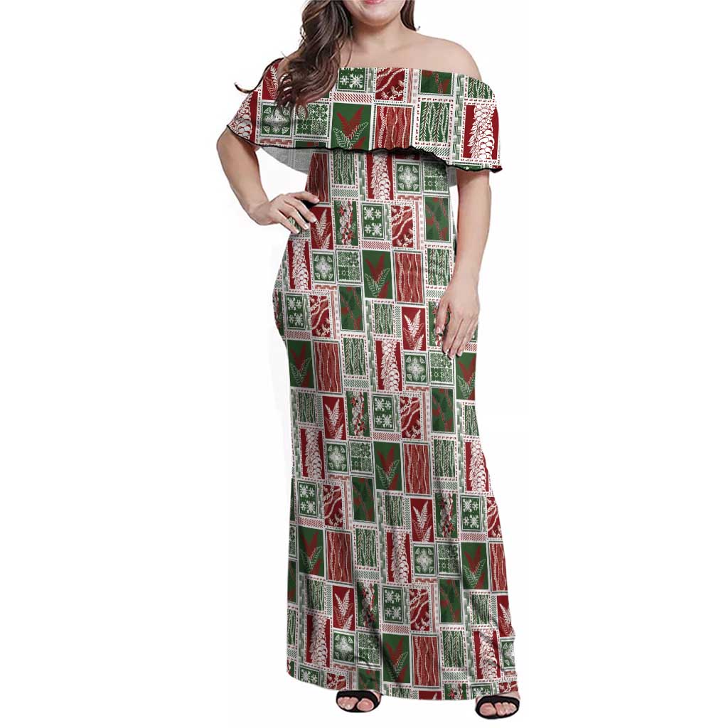 Mele Kalikimaka Hawaiian Quilt and Lei Patchwork Family Matching Off Shoulder Maxi Dress and Hawaiian Shirt LT9 Mom's Dress Red - Polynesian Pride