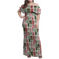 Mele Kalikimaka Hawaiian Quilt and Lei Patchwork Family Matching Off Shoulder Maxi Dress and Hawaiian Shirt LT9 Mom's Dress Red - Polynesian Pride