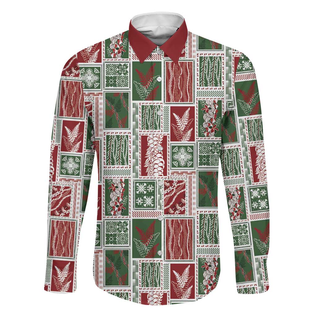 Mele Kalikimaka Hawaiian Quilt and Lei Patchwork Family Matching Puletasi and Hawaiian Shirt LT9 Dad's Shirt - Long Sleeve Red - Polynesian Pride